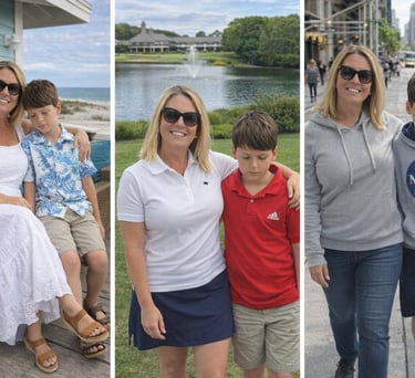 Three photos of a mother and son vacationing at the beach, a lake, and in New York City.