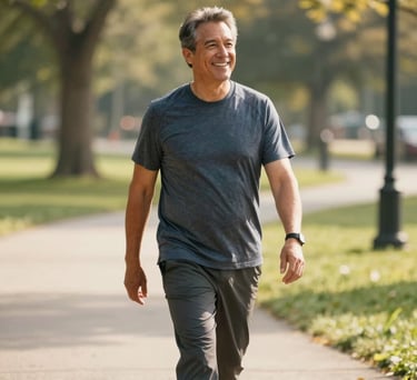 A joyful North American man in his 50s enjoying a brisk walk in a sunny local park, wearing casual fitness attire. The lighting is warm and natural, conveying vitality and accessible well-being.