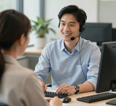 A friendly phone operator assisting a patient, budget-friendly customer service concept, bright North American / US office.