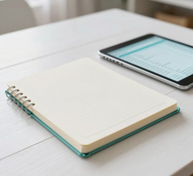 A clean, high-resolution photograph of a simple health journal and a digital tablet showing a clean data dashboard on a white wooden table in a brightly lit North American home. The color palette includes soft teal and off-white tones.
