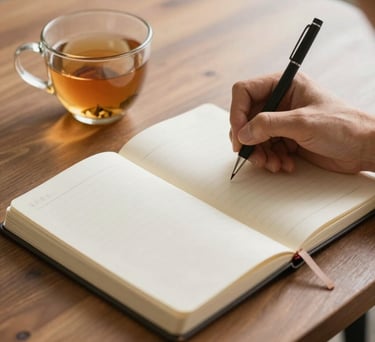 A person writing in a health journal with a cup of herbal tea nearby, affordable wellness concept, North American / US home setting, warm and comforting.
