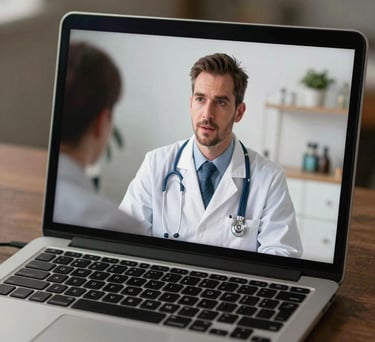 A laptop screen showing a telehealth consultation in progress, affordable healthcare concept, North American / US setting.