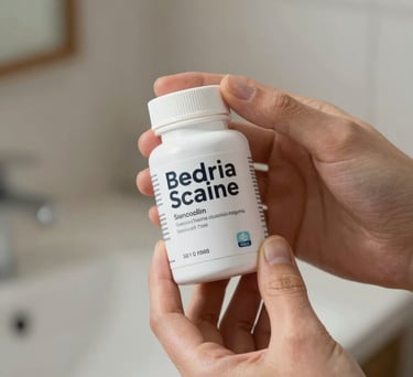 Close-up of hands holding a small, affordable supplement bottle, well-lit indoor environment, North American / US.