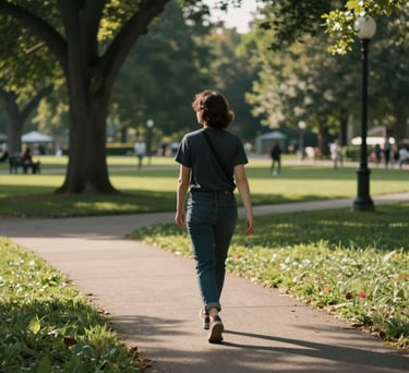 A person enjoying a peaceful walk in a local park, free holistic health activities, North American / US setting.