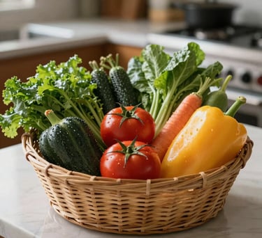A basket of fresh, affordable vegetables on a kitchen counter, highlighting food as medicine, North American / US setting.