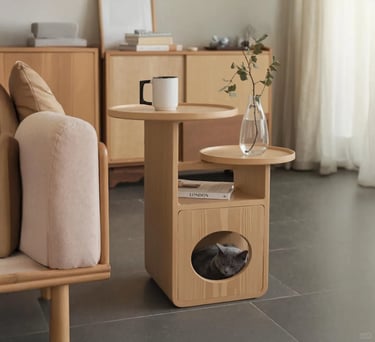 Wooden side table with a built-in cat bed, combining modern home furniture with a cozy pet resting s