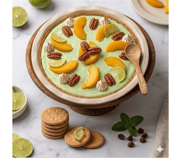Pay de limon frío, con durazno y nuez encima
