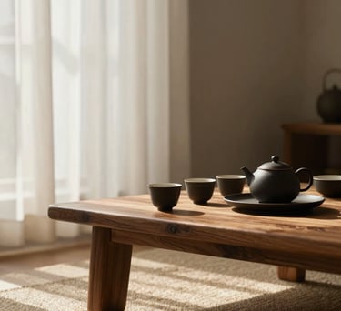 Detail of a traditional tea set on a low wooden table, minimalist Colombian interior, warm sunlight filtering through linen curtains, Wabi-sabi aesthetic.