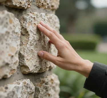 Close-up of a hand touching a weathered stone wall in a garden in Medellín, soft morning light, serene and professional photography, olive green and cream colors.