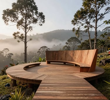 Outdoor training space in the mountains of Eastern Antioquia, Colombia. An organic wooden platform surrounded by native trees. The atmosphere is misty and calm at sunrise, with soft olive and terracotta accents in the natural landscape. High-end architectural photography style.