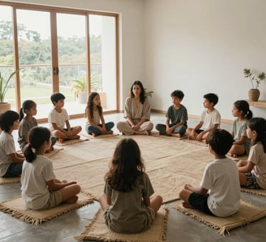 Children sitting in a circle on organic mats in a light-filled room, a teacher guiding a breathing exercise, minimalist Colombian interior, Wabi-sabi style.