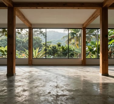 An interior of a minimalist dojo in Medellín, polished concrete floors, warm wooden pillars, large windows facing lush greenery, serene morning light.