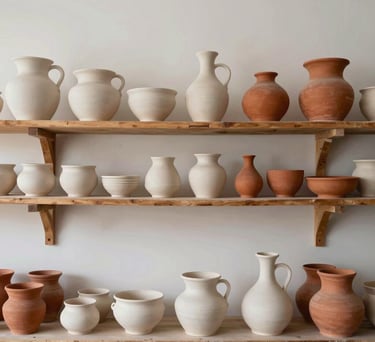 A minimalist, sun-drenched pottery studio in South American / Colombian mountains, showing organic ceramic shapes on a wooden shelf, warm white and terracotta palette, Wabi-sabi style.