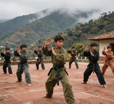 A wide shot of an outdoor Kung Fu session in the Colombian highlands, children practicing with discipline, misty mountain background, terracotta and olive palette.