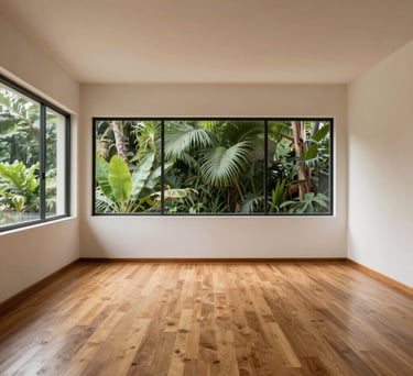 A minimalist and serene interior of a martial arts dojo in Medellin, Colombia. Soft natural light illuminates warm wooden floors and smooth plaster walls in off-white and cream tones. Large windows show lush tropical greenery outside. The composition is clean and centered, capturing a sense of calm and discipline.