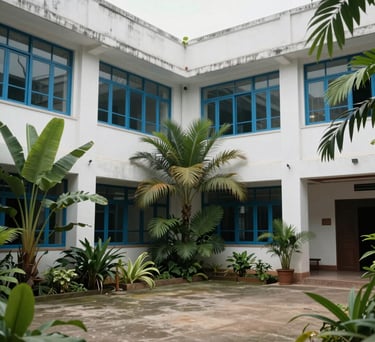 A wide shot of a modern South Asian campus courtyard with lush tropical plants, white walls, and steel blue window frames, radiating a calm atmosphere.