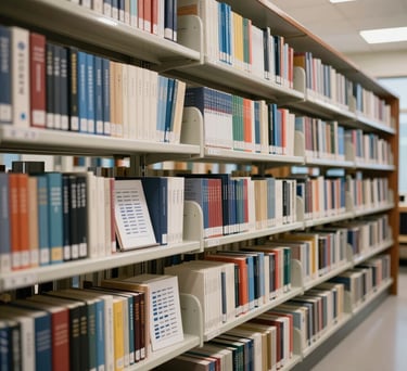 A well-organized department library featuring rows of psychology journals and assessment tools, clean lighting, professional and academic atmosphere.