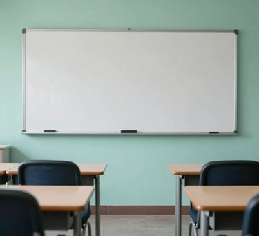 A clean, minimalist classroom in a South Asian academy featuring ergonomic chairs, a digital whiteboard, and mint-colored walls for a calm learning environment.