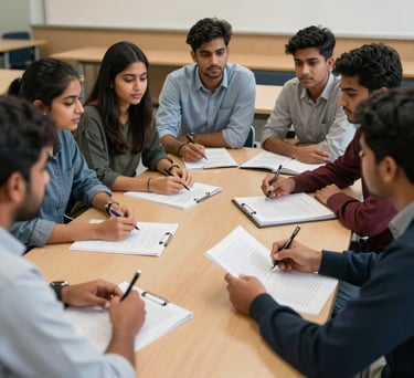 A group of South Asian graduate students in a seminar room, discussing psychology case studies in a bright, modern academic setting with tan wooden furniture.