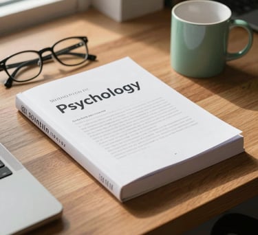 A close-up of a wooden desk in a South Asian office with a psychology textbook, a pair of glasses, and a ceramic mug, bathed in soft morning light with sage green accents.