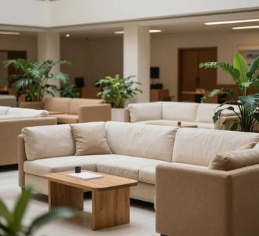 A serene communal area in a South Asian academy with comfortable seating in off-white and tan, indoor plants, and soft, supportive lighting.