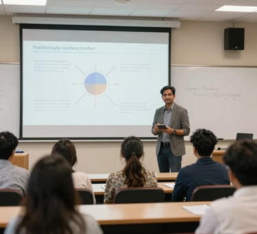 A bright, professional seminar room with a whiteboard showing psychological diagrams, modern seating, South Asian university context, encouraging and supportive environment.