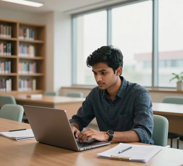A photography of a South Asian student studying on a laptop in a bright, modern library room with tan and mint-colored upholstery and large windows.