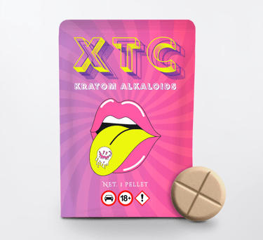 Pink pouch of XTC Kratom Alkaloids next to a single tan mitragynine extract pellet.
