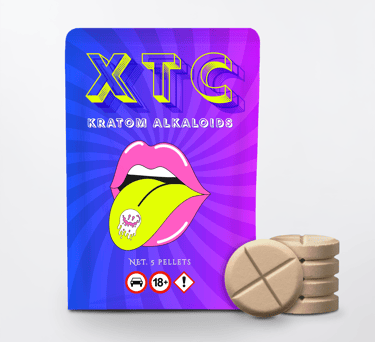 A colorful package of XTC Kratom Alkaloid pellets next to a stack of round herbal extract tablets.