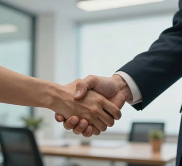 A close-up of two people shaking hands warmly in a brightly lit North American office setting, conveying trust and partnership. The lighting is soft and professional, with hints of pale blue and gold in the background decor.