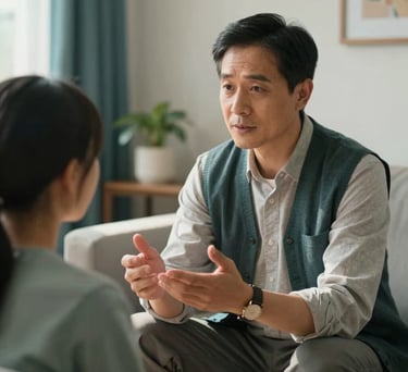 A close-up of a spiritual mentor offering guidance to a young adult in a comfortable, sun-drenched North American counseling office with teal and off-white accents.