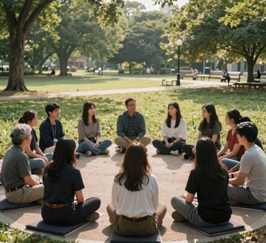 A serene North American park where a small group of people are gathered in a circle for a supportive counseling session, peaceful morning light.