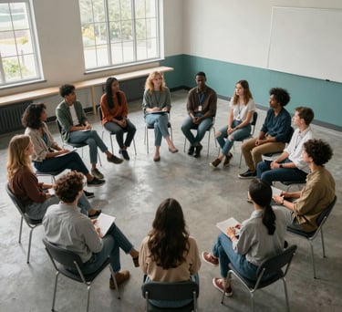 A high-angle shot of a group of diverse people sitting in a circle in a modern Georgia community hall, engaged in a supportive discussion. The room is airy with large windows and features light grey and teal accents.