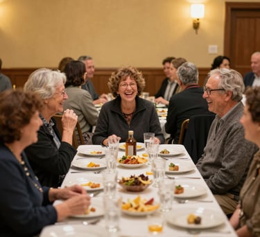 A candid shot of people laughing and talking during a community dinner event in a North American hall, warm atmosphere, gold accents.