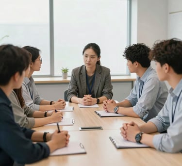 Individuals engaged in a collaborative leadership training exercise around a table in a modern North American meeting room, bright and airy feel.