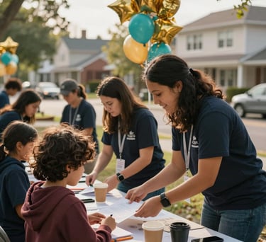 An outdoor community outreach event in a North American neighborhood, volunteers helping families, warm afternoon lighting, gold and teal decorative elements.