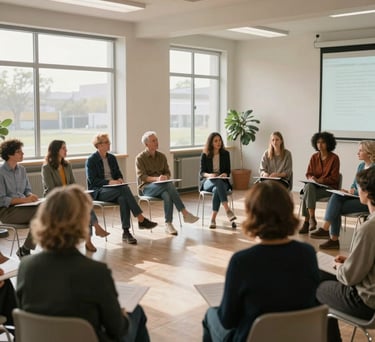 A group of diverse adults participating in an educational workshop in a bright, modern North American community center, soft golden light through windows.