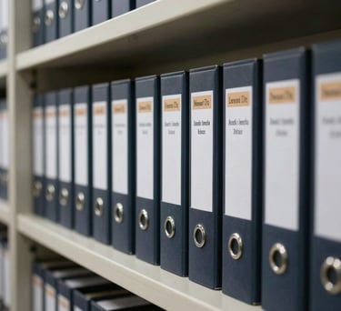 A row of organized legal files in a modern storage area, representing efficiency and order in an Indian legal office.