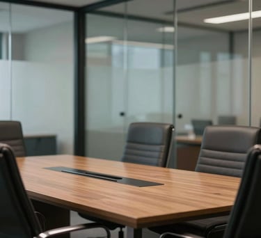 A close-up of a glass-walled conference room in a professional South Asian legal firm, showing a clean table and leather chairs.