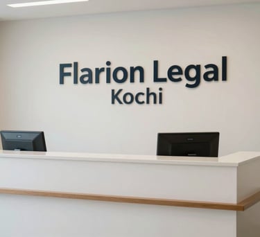 A bright reception area of Flarion Legal in Kochi with a minimalist desk and professional branding visible on the wall.
