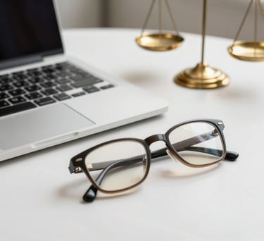 A desk with a silver laptop and a pair of professional reading glasses. A small brass scale of justice is in the background. South Asian / Indian workspace aesthetic with clean lines and a professional mood.