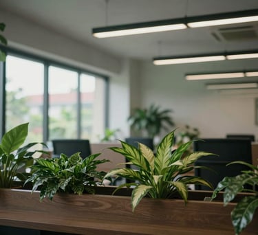 Detailed view of the office interior in Kochi, Kerala, showcasing biophilic elements like indoor plants and natural light.