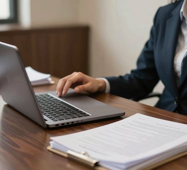 A professional consultation desk in a Kochi legal office with a laptop and neatly stacked documents.