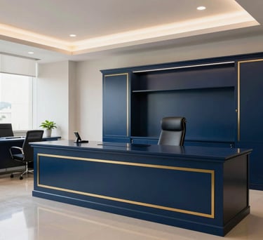 A wide shot of a modern, clean legal office in Kochi with dark blue furniture and gold decorative accents.