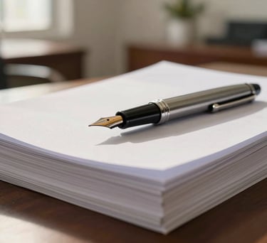 A close-up shot of a legal fountain pen resting on a thick stack of white parchment paper. The background shows a soft-focus modern office in Kochi, South Asian / Indian setting, with warm afternoon light.