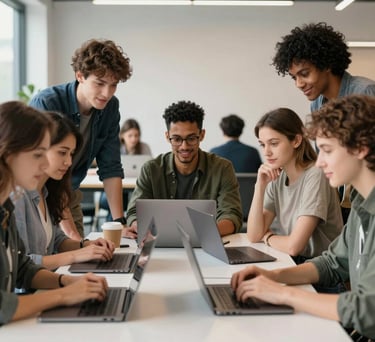 A group of diverse young adults collaborating around a table with laptops in a bright, modern co-working space, International / Global, professional and optimistic atmosphere.