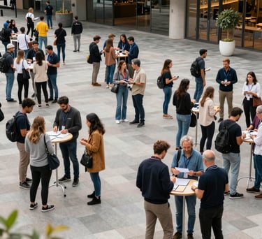 A professional high-angle photo of a vibrant community gathering in a modern public plaza, people collaborating in an International / Global setting, reflecting social responsibility.