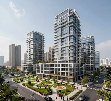 A professional photography shot of a modern urban development project in an International / Global setting, featuring sustainable architecture and community green spaces under a clear sky.
