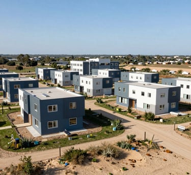 A wide-angle landscape shot of a community-based sustainable housing project featuring modern architecture and green spaces, International / Global, bright daylight, with Sand and Steel Blue accents.