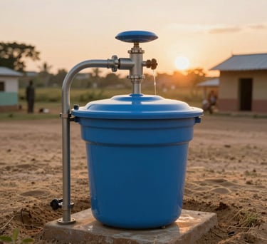 An inspiring photograph of a clean, modern water filtration system being installed in a rural community, International / Global, sunset lighting, Sand and Steel Blue colors.